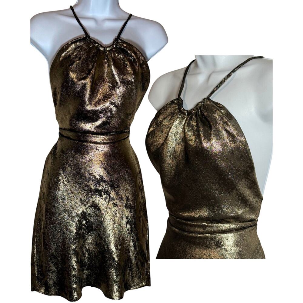 Mistress Rocks Metallic Lame Halter Mini Dress Sz Small Gold Open Back Birthday